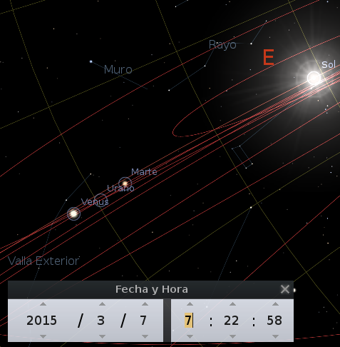 Venus, Marte y Urano en oposición con la Luna y la Tierra el 8 de marzo de 2015
