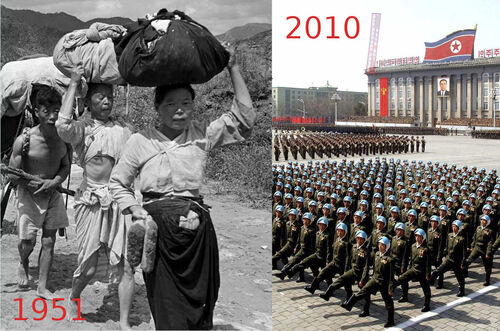 Izquierda: refugiados norcoreanos durante la guerra de Corea (1950-53)<br>Derecha: Desfile militar en Pyongyang