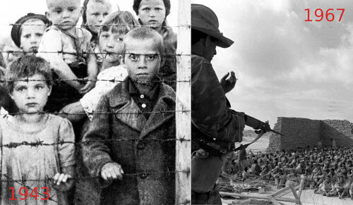 Izquierda: niños judíos en campo de concentración nazi<br>Derecha: soldado judío vigilando prisioneros árabes en campo de concentración israelí