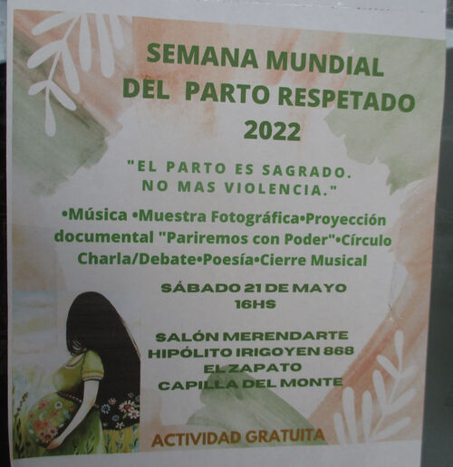 Cartel de evento por el día mundial del parto respetado en Capilla del Monte