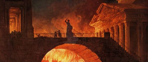 Año 64: <a href="https://es.wikipedia.org/wiki/Gran_incendio_de_Roma">Gran incendio de Roma</a>: el ideal romano entra en decadencia,<br>al mismo tiempo que comienza su ascenso el ideal cristiano