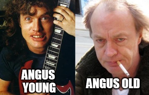 Angus Young de AC/DC visto de joven y de viejo