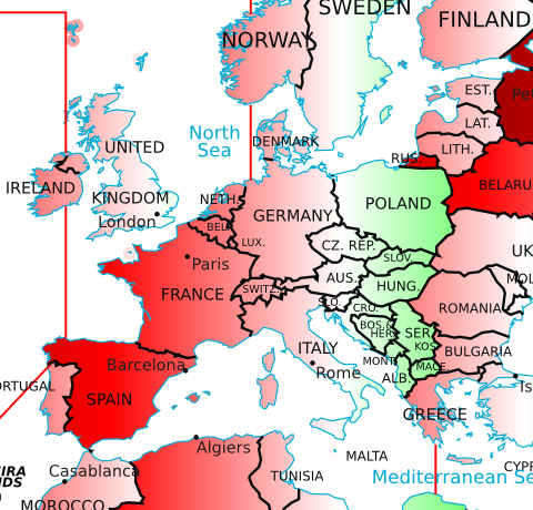 Diferencia entre la hora solar y la hora civil en Europa