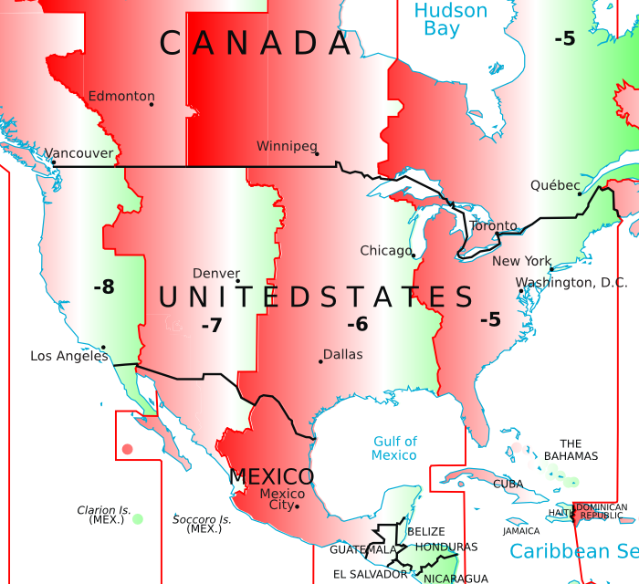 Diferencia entre la hora solar y la hora civil en Norte América