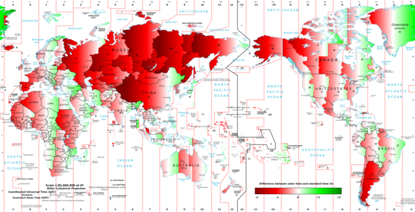 Diferença entre o tempo solar e civil, mapa do mundo